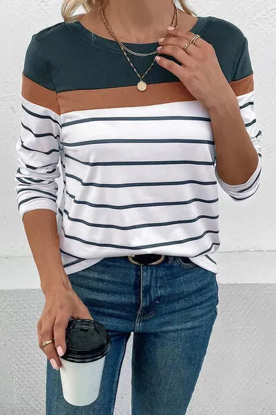 Striped Round Neck Long Sleeve T-Shirt Women's T-Shirts - Tophatter Daily Deals